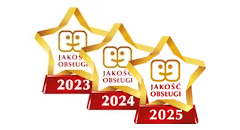 Grafika trzech odznaczeń za jakość obsługi w latach 2023, 2024 i 2025.